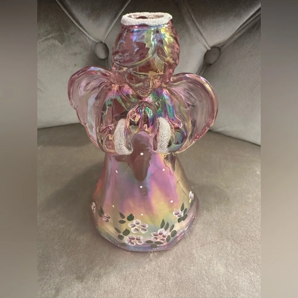 Fenton Art Glass Pink Iridescent Angel Figure Hand Painted Floral Signed 6.5